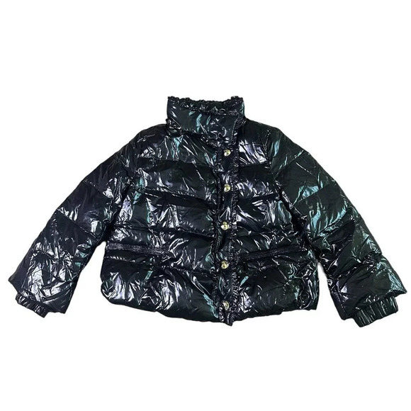 Duvetica Black Patent Real Down Coat Jacket Snap-Down Ruffle Rare Size Small 38 - Picture 1 of 16